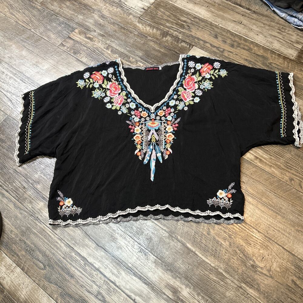 Johnny Was Women's Black Blue Cupra Rayon Tunic with Floral Embroidery, Size M